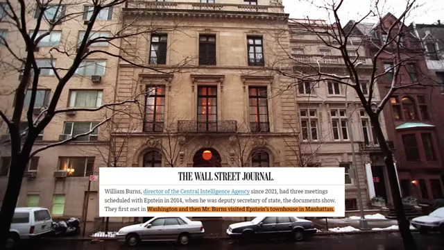 Epstein's Manhattan townhouse, with a Wall Street Journal excerpt confirming William Burns visited it.