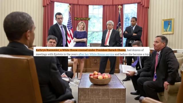 Kathryn Ruemmler standing in a White House meeting with Barack Obama, with text highlighting her meetings with Epstein after her White House service.