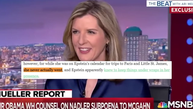 Kathryn Ruemmler on a news broadcast with text stating she never actually went on the scheduled trips with Epstein.