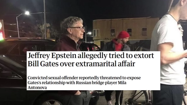 News headline reporting Jeffrey Epstein allegedly tried to extort Bill Gates over an extramarital affair with Russian bridge player Mila Antonova.