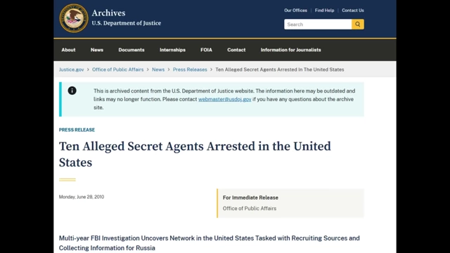 U.S. Department of Justice press release confirming the arrest of ten alleged secret agents in the United States.