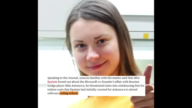 Mila Antonova with text confirming Epstein paid for her to attend coding school.
