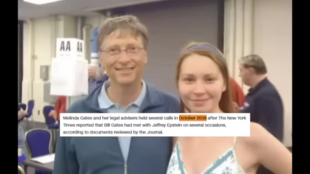 Bill Gates and Mila Antonova, with text explaining Melinda Gates' divorce proceedings began after reports of Bill Gates' meetings with Epstein.