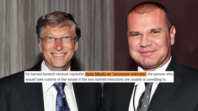Bill Gates and Boris Nikolic, with text indicating Nikolic was named as a "successor executor" in Epstein's will.