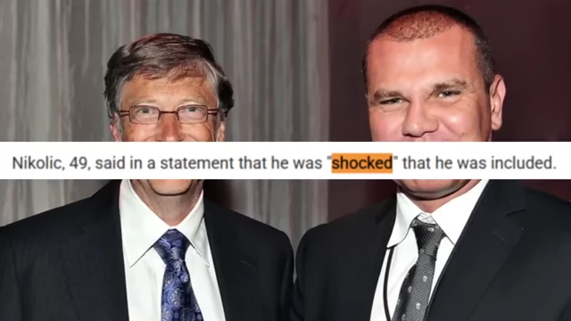 Bill Gates and Boris Nikolic, with text quoting Nikolic as saying he was "shocked" to be included in Epstein's will.
