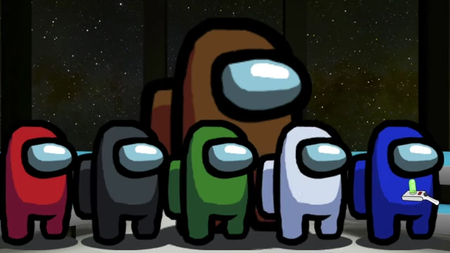 The characters appear as Among Us crewmates, standing together in a spaceship-like setting.