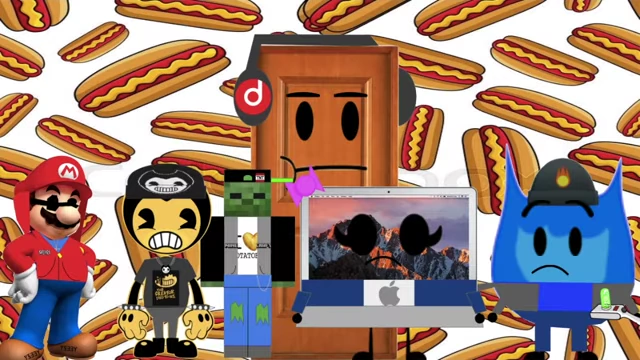 Laporte and his friends are surrounded by a pattern of hotdogs.