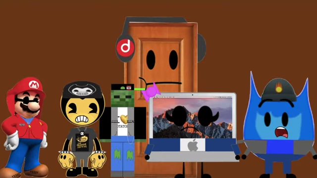 Laporte and his friends, Mario, Bendy, Zombie, MacBook, and Door, stand together.