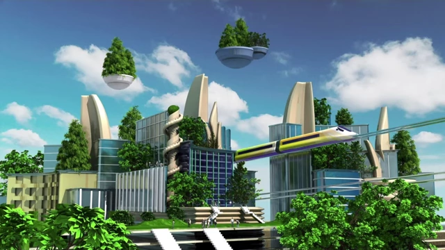 A futuristic, green city with floating structures and an elevated train, representing a perfect world.