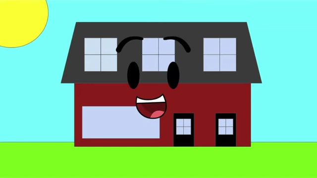 A red house with a friendly, smiling face, indicating it is alive and sentient.