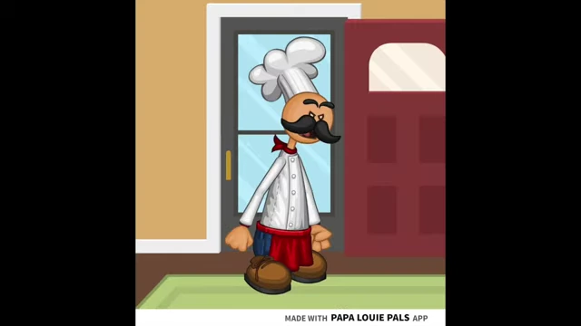 Papa Louie, a chef character with a large mustache, stands at a doorway.