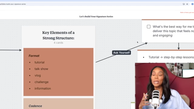 Key elements for a strong content structure, detailing various formats like tutorial, talk show, vlog, and challenge, with descriptions for each
