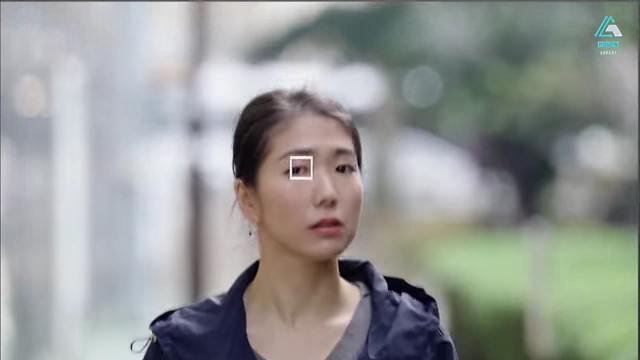 A visual representation of Sony's Eye AF, with a white square indicating precise focus tracking on a subject's eye.