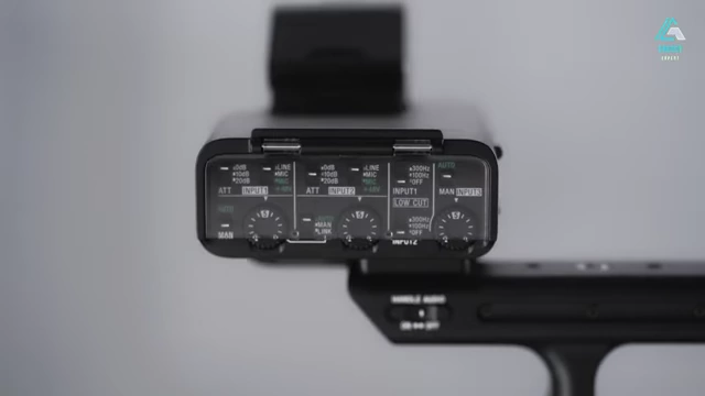 Close-up of the XLR-K3M audio unit on the top handle, showing its 4-channel audio controls and input settings.