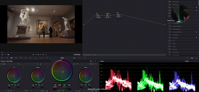 White balance adjustment using the gain wheel in linear gamma, showing a corrected image