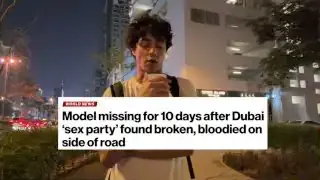 A screenshot of a news headline stating "Model missing for 10 days after Dubai 'sex party' found broken, bloodied on side of road" overlaid on the speaker standing in front of a building at night.