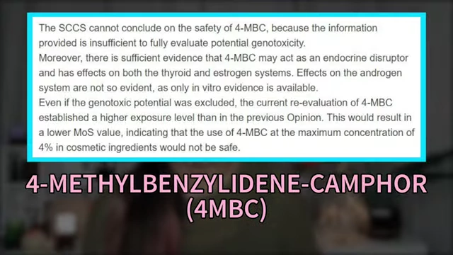 SCCS opinion on 4-Methylbenzylidene-Camphor (4-MBC), indicating it may act as an endocrine disruptor with thyroid and estrogen system effects.