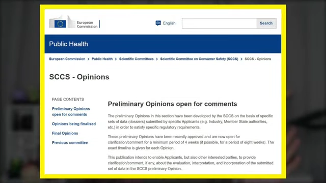 The European Commission's public website for SCCS Opinions, detailing safety assessments for consumer products.