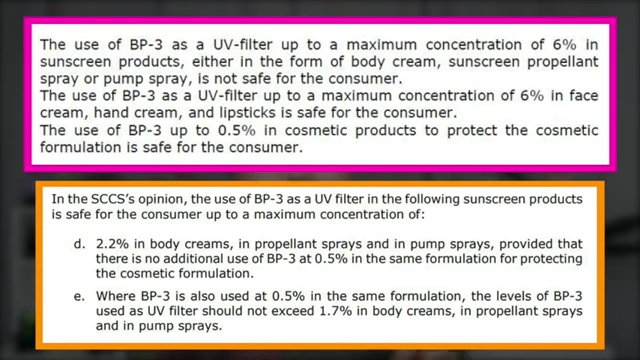 An excerpt from the SCCS report stating that 6% oxybenzone in body products is 'not safe for the consumer' and recommending 2.2%.