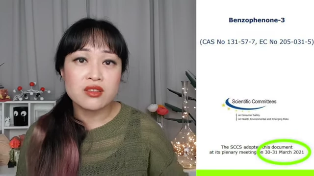 SCCS document showing the adoption date (March 2021) of the opinion on Benzophenone-3 (Oxybenzone).