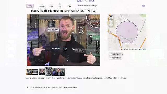 A screenshot of a Craigslist ad for "100% Real Electrician services (AUSTIN TX)" placed by the speaker, showing his image and work examples.