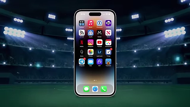 A smartphone screen with various app icons, set in a stadium, symbolizing the arena where businesses compete for attention