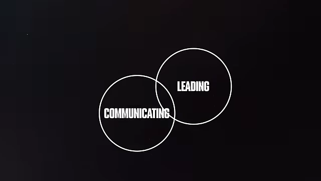 A Venn diagram illustrating two overlapping circles labeled "COMMUNICATING" and "LEADING," representing skills with a long half-life