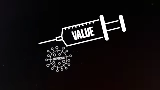 A visual representation of an injection needle, where the fluid inside is labeled "VALUE" and is being injected into a virus symbol labeled "SKEPTICISM."