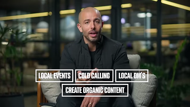 Text overlay listing direct response tactics: Local Events, Cold Calling, Local DMs, Create Organic Content