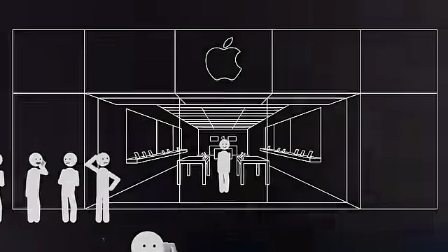 A line of customers waiting outside an Apple Store, illustrating high demand and desire