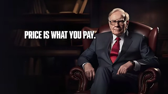 Warren Buffett is shown with a quote overlay: "PRICE IS WHAT YOU PAY. VALUE IS WHAT YOU GET."