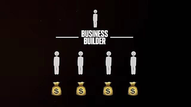 A simple diagram showing a stick figure labeled "BUSINESS BUILDER" at the top of a hierarchy with four other stick figures below, each with a bag of money