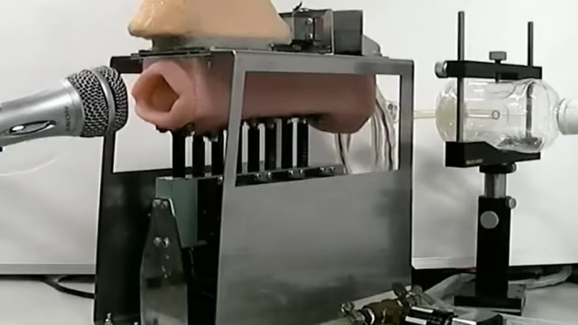 A mechanical device mimicking human vocalization to demonstrate sound production.