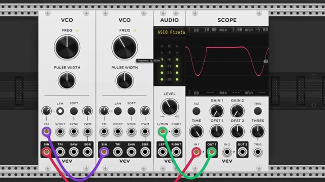 A screenshot of a virtual synthesizer interface demonstrating frequency modulation.