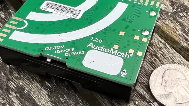 A close-up of the AudioMoth circuit board, next to a quarter for scale, highlighting its small size.