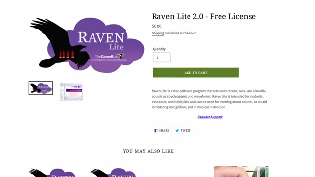A screenshot of the Raven Lite 2.0 software page, a free bioacoustic tool from Cornell Lab.