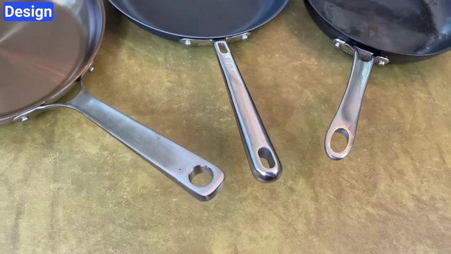 Comparison of handles on Strata, Misen, and Anolon pans.