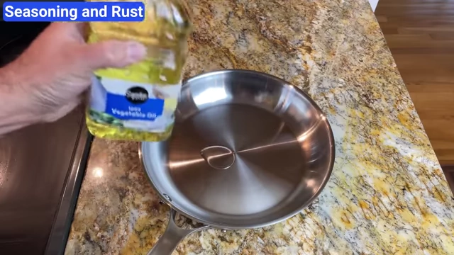Applying and spreading oil to a Strata pan for seasoning.