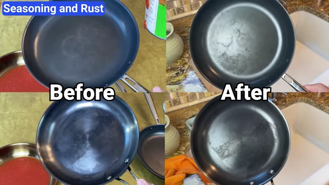 Before and after comparison of Strata's cooking surface, showing seasoning loss after acidic food contact.