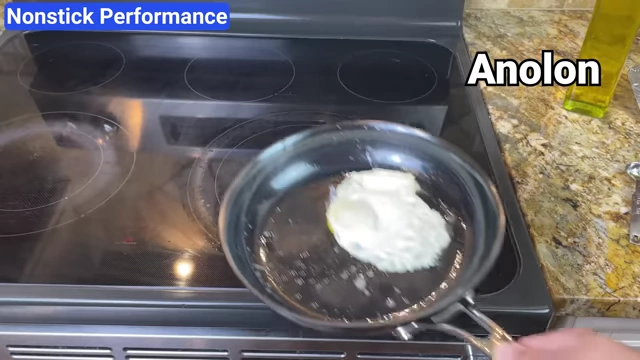 Egg sliding easily in the Anolon pan after controlled preheating.