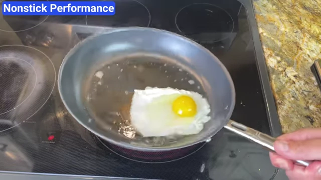 Reduced fat egg test showing an egg cooking without sticking in the pan.