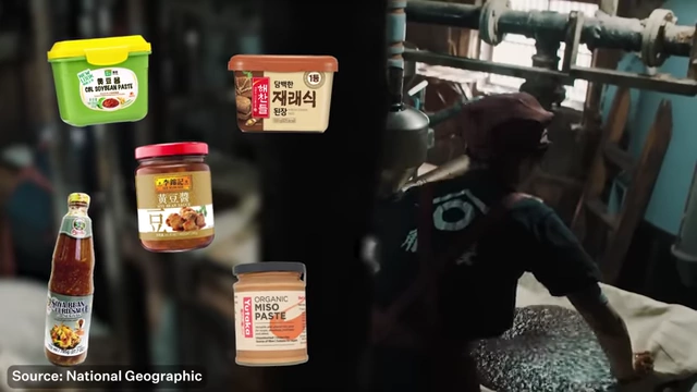 Various fermented soybean products like miso paste and bean curd condiments.