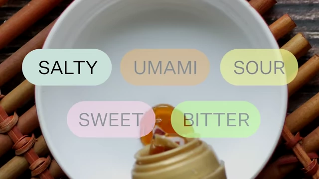 An image listing the five tastes present in soy sauce: Salty, Umami, Sour, Sweet, Bitter.