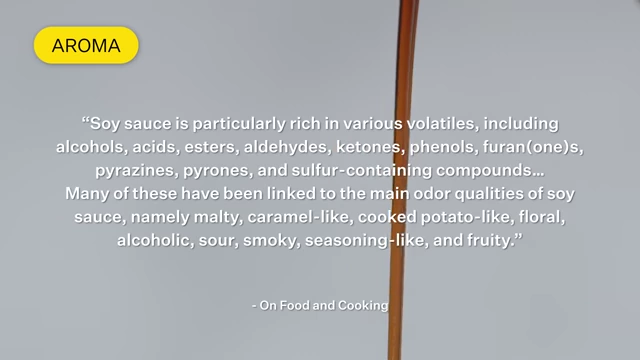 A graphic listing various volatile compounds and associated odor qualities found in soy sauce.