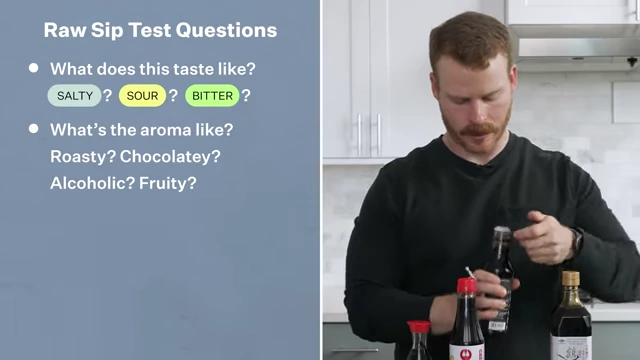 Questions to ask during a raw sip test to analyze the flavor profile of soy sauce.
