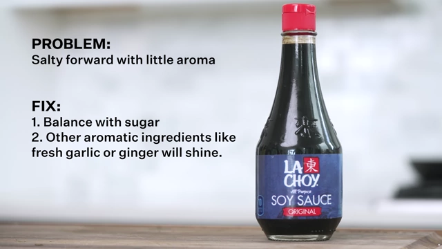 A bottle of La Choy soy sauce, illustrating the problem of being salty-forward with little aroma, and suggested fixes.