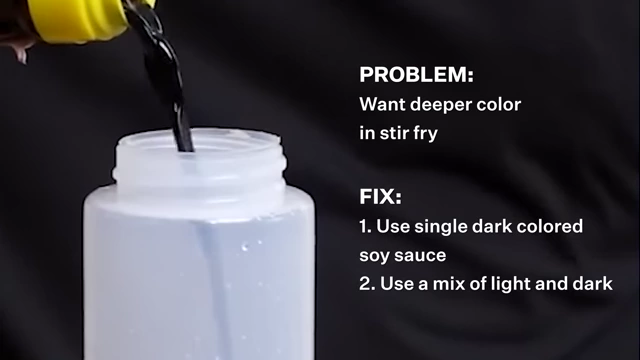 A graphic showing the problem of wanting a deeper color in a stir-fry and offering solutions like using dark soy sauce or a mix.