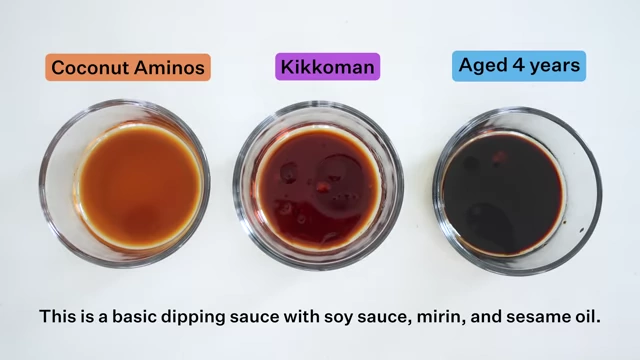 Three bowls of dipping sauce, labeled with Coconut Aminos, Kikkoman, and Aged 4 years, used for the dipping sauce test.