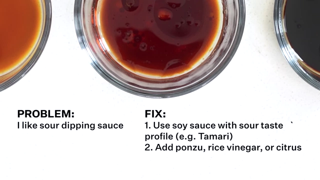 A graphic showing the problem of wanting a sour dipping sauce and offering solutions like using tamari or adding acidic ingredients.