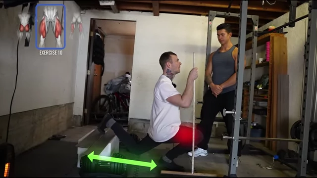 Narrow-stance Bulgarian split squat targeting quadriceps.